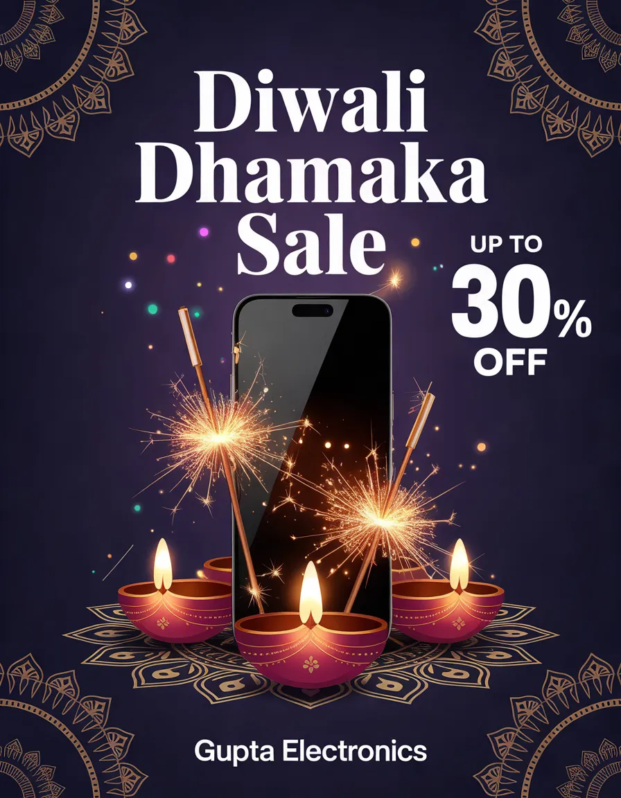 "Diwali Dhamaka Sale" poster for Gupta Electronics: a smartphone with sparklers and diyas, "Up to 30% OFF"