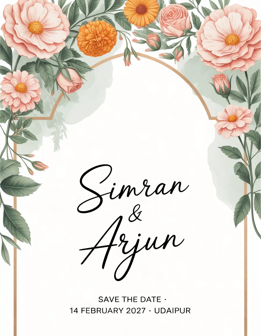 Pastel watercolour save-the-date with a floral arch: "Simran & Arjun, 14 February 2027, Udaipur"
