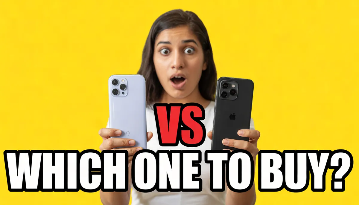 Tech-review thumbnail: a surprised woman holding two phones, "VS – WHICH ONE TO BUY?"